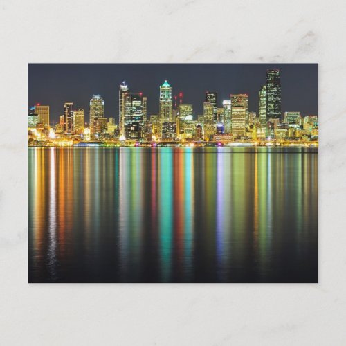 Seattle skyline at night with reflection postcard