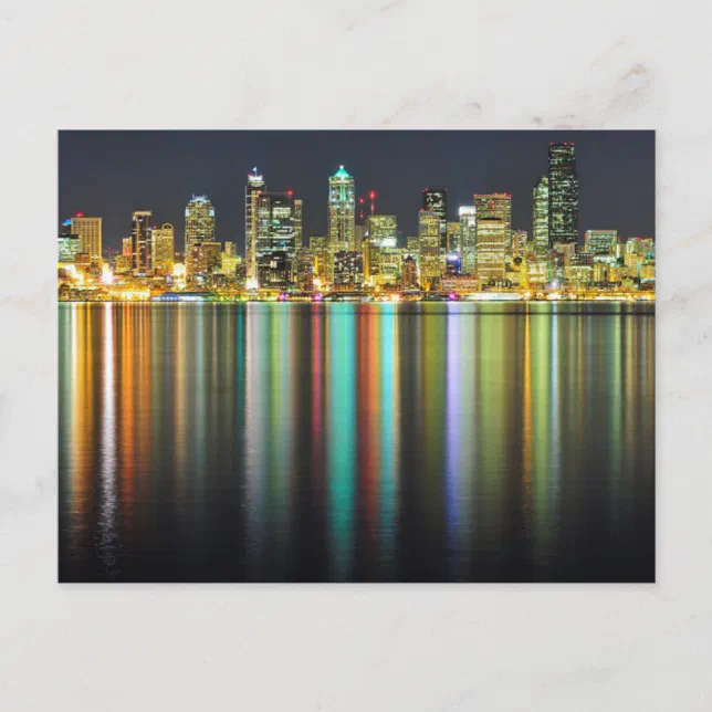 Seattle skyline at night with reflection postcard | Zazzle