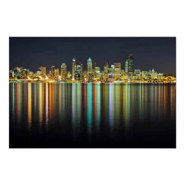 Seattle skyline at night with reflection poster | Zazzle