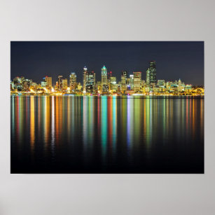 Seattle skyline at night with reflection poster