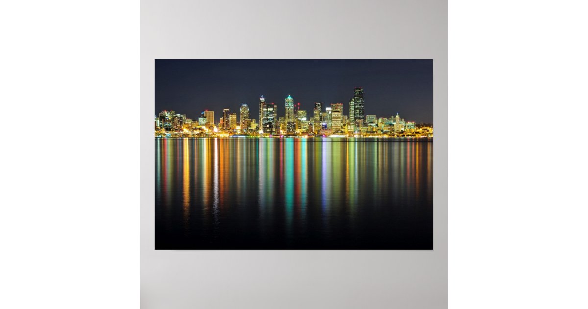 Seattle skyline at night with reflection poster | Zazzle