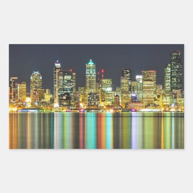Seattle skyline at night with reflection rectangular sticker (Front)