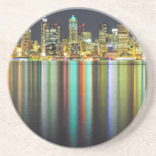 Seattle skyline at night with reflection sandstone coaster