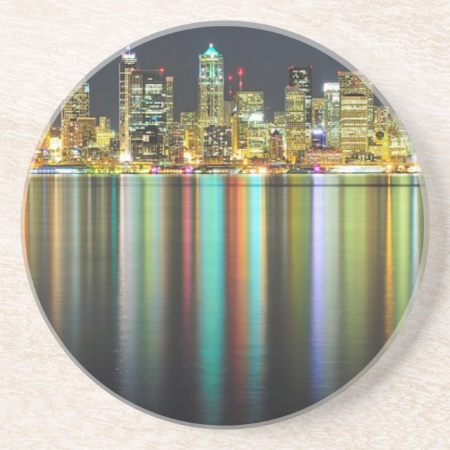 Seattle skyline at night with reflection sandstone coaster (Front)