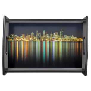 Seattle skyline at night with reflection serving tray