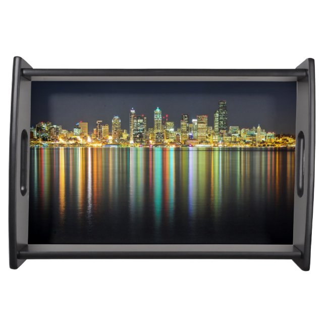 Seattle skyline at night with reflection serving tray (Front)
