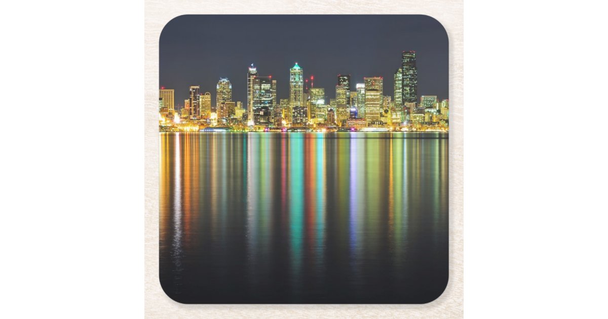 Seattle skyline at night with reflection square paper coaster | Zazzle