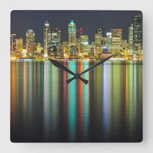 Seattle skyline at night with reflection square wall clock