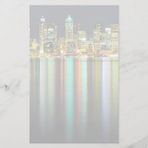Seattle skyline at night with reflection stationery