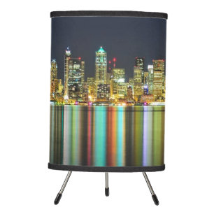 Seattle skyline at night with reflection tripod lamp