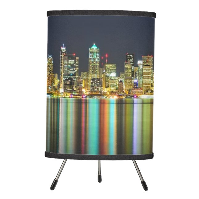 Seattle skyline at night with reflection tripod lamp (Front)