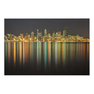 Seattle skyline at night with reflection wood wall decor