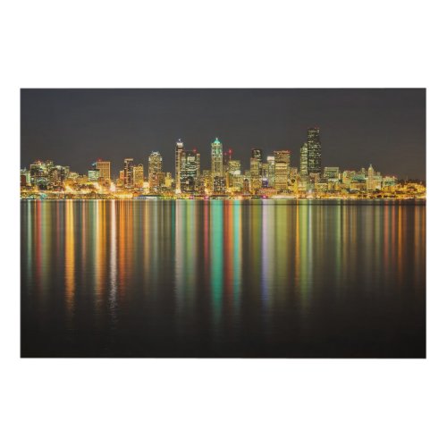 Seattle skyline at night with reflection wood wall decor