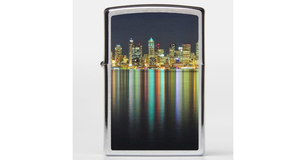 Seattle skyline at night with reflection zippo lighter | Zazzle