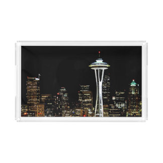 Seattle skyline at night, with Space Needle. Acrylic Tray
