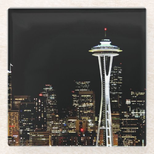 Seattle skyline at night with Space Needle Glass Coaster
