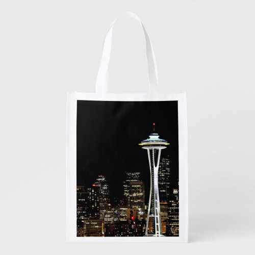 Seattle skyline at night with Space Needle Grocery Bag