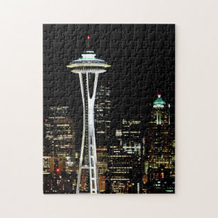 Seattle skyline at night, with Space Needle. Jigsaw Puzzle