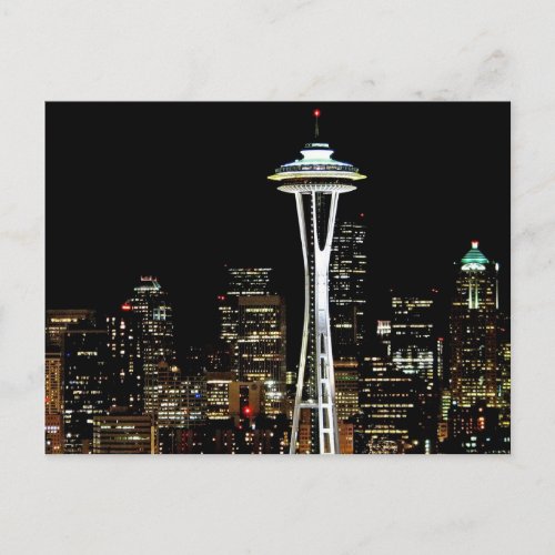 Seattle skyline at night with Space Needle Postcard