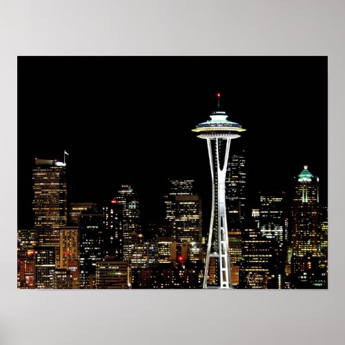 Seattle skyline at night with Space Needle Poster