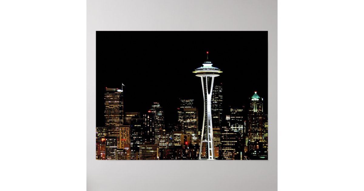 Seattle skyline at night, with Space Needle. Poster | Zazzle