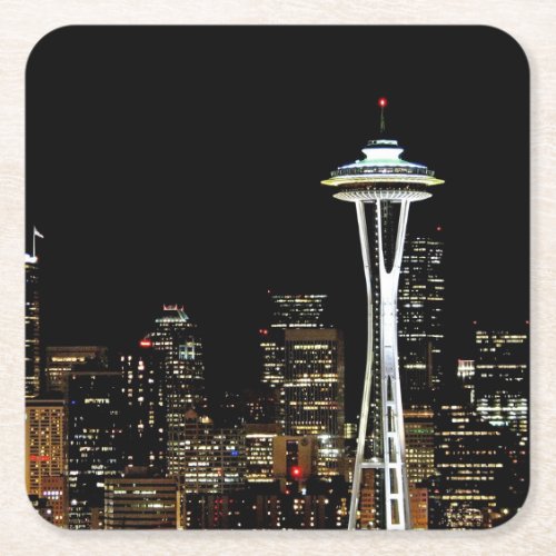 Seattle skyline at night with Space Needle Square Paper Coaster