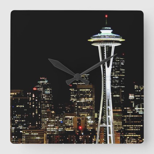 Seattle skyline at night with Space Needle Square Wall Clock