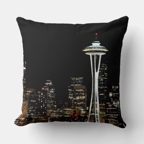 Seattle skyline at night with Space Needle Throw Pillow