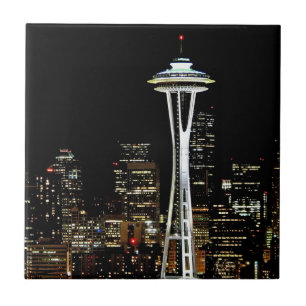 Seattle skyline at night, with Space Needle. Tile