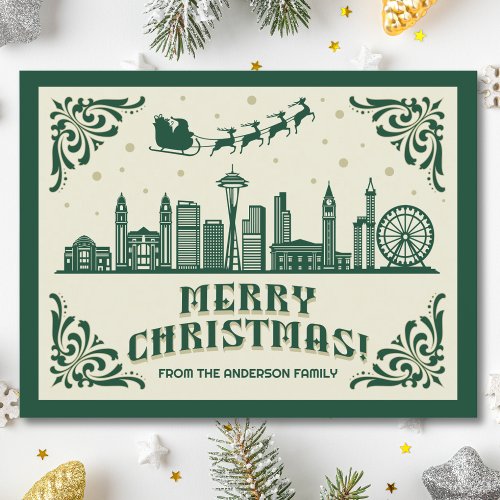 Seattle Skyline Green Christmas Holiday Postcard