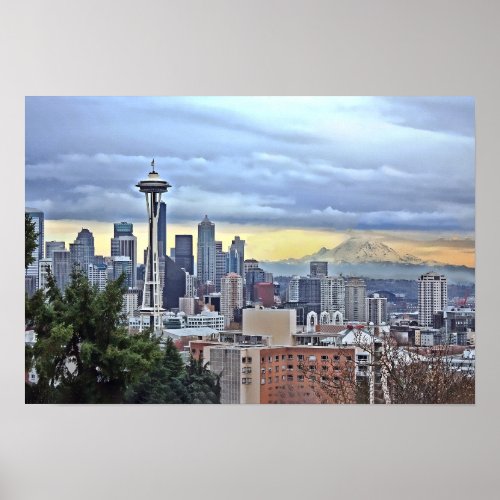 Seattle Skyline in Fog and Rain Poster