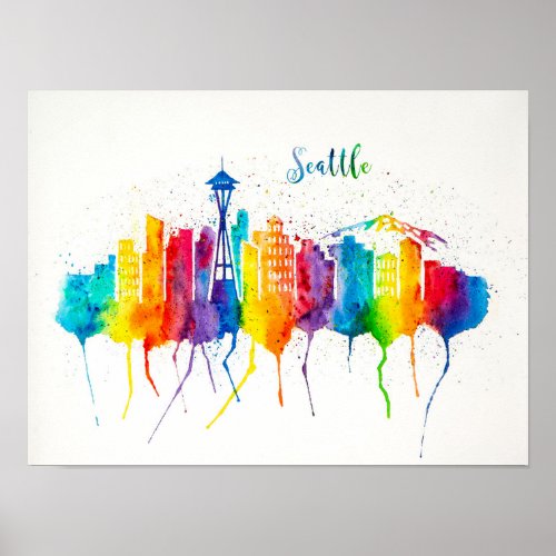 Seattle Skyline in Watercolor Poster