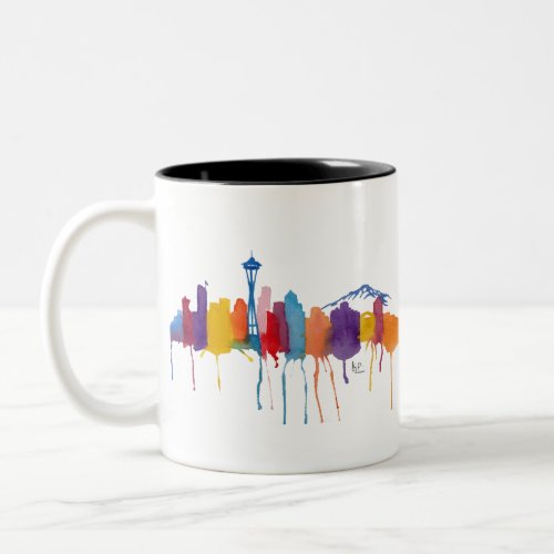 Seattle Skyline in Watercolor Two_Tone Coffee Mug