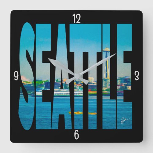 Seattle Skyline Inside Bold Typography Modern   Square Wall Clock