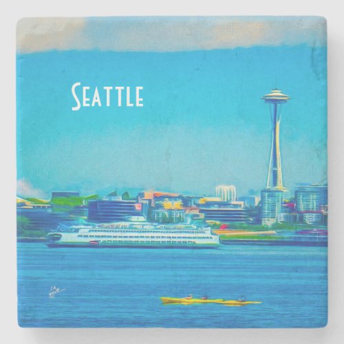 Seattle Skyline Modern Watercolor Photography Stone Coaster