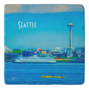 Seattle Skyline Modern Watercolor Photography Trivet