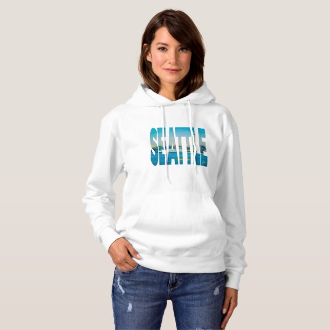 Seattle Skyline Photo Typography Modern Watercolor Hoodie (Front Full)