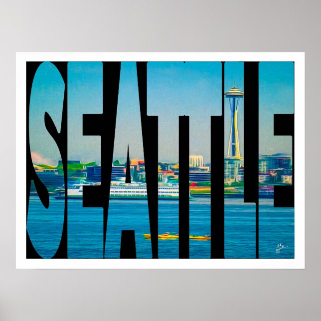 Seattle Skyline Photo Typography WatercolorBorder Poster (Front)