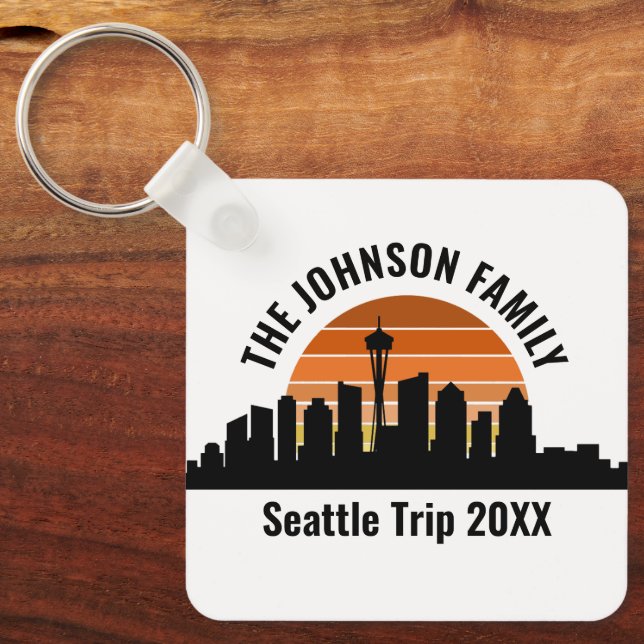 Seattle Skyline Sunset Custom Family Vacation Keychain (Front)