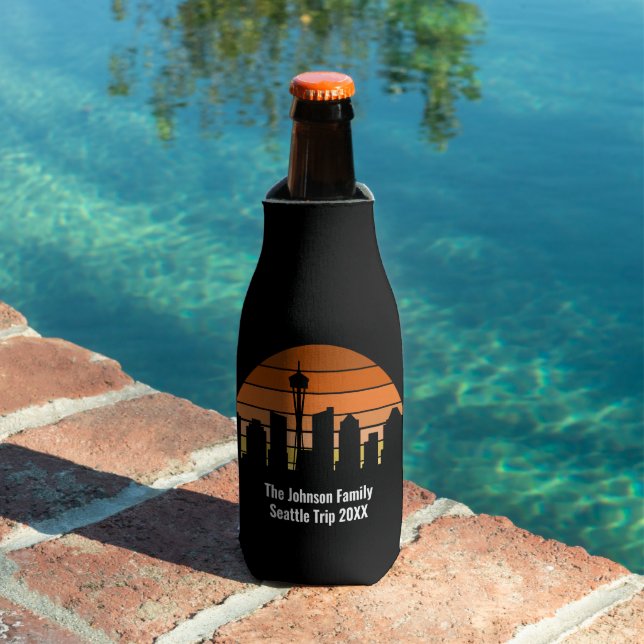 Seattle Skyline Sunset Personalized Trip Keepsake Bottle Cooler (In Situ Pool)