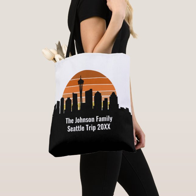 Seattle Skyline Sunset Trip Keepsake Personalized Tote Bag (Close Up)
