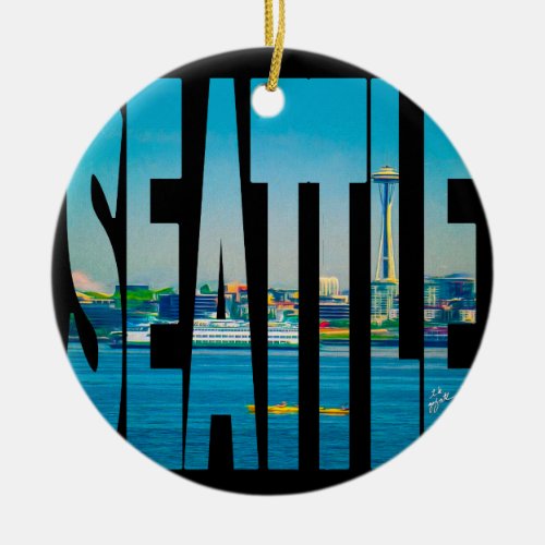 Seattle Skyline Typography Modern Photo Holiday Ceramic Ornament