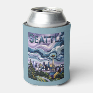 Seattle Skyline Van Gogh Style Vintage Travel Art  Can Cooler