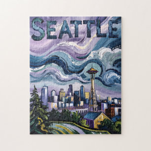 Seattle Skyline Van Gogh Style Vintage Travel Art Jigsaw Puzzle