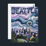Seattle Skyline Van Gogh Style Vintage Travel Art Postcard<br><div class="desc">Bring the moody magic of Seattle to life with this Van Gogh-inspired postcard, featuring the iconic Space Needle against swirling skies and a vivid city skyline. Rendered in retro impressionist style, this elegant artwork blends deep purples, golden lights, and post-impressionist brushstrokes reminiscent of Starry Night. Ideal for fans of classic...</div>