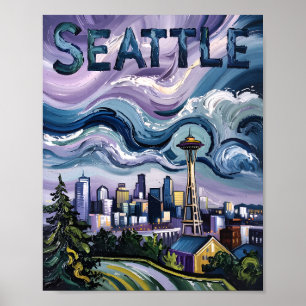Seattle Skyline Van Gogh Style Vintage Travel Art Poster