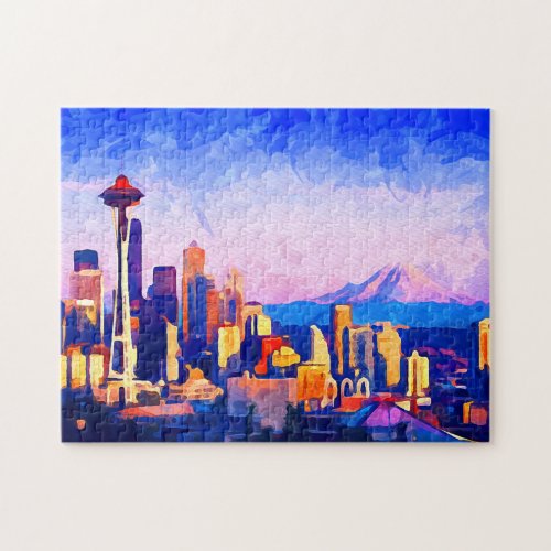 Seattle Skyline Vibrant Sunset City Watercolor Jigsaw Puzzle