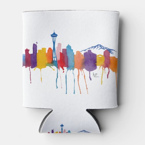 Seattle skyline w logo can cooler