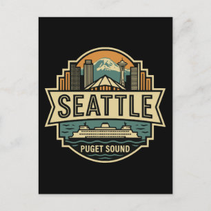 Seattle Skyline Washington USA Retro Badge Postcard