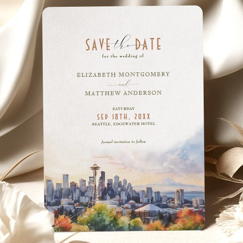 Seattle Skyline Watercolor Save the Date Wedding Invitation